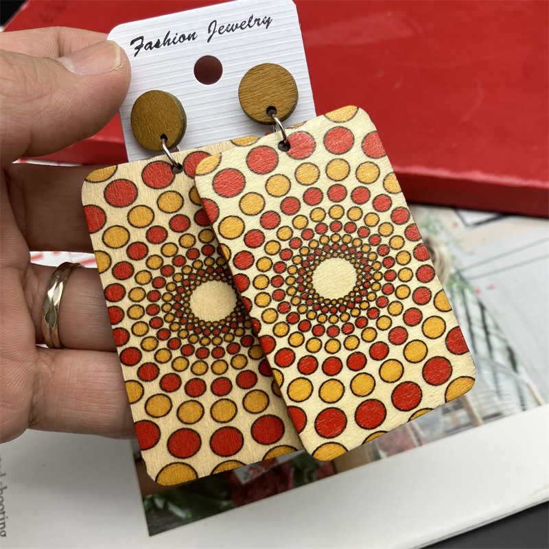 Vintage Rectangular Wooden Europe and America Large Earrings Wood Geometry