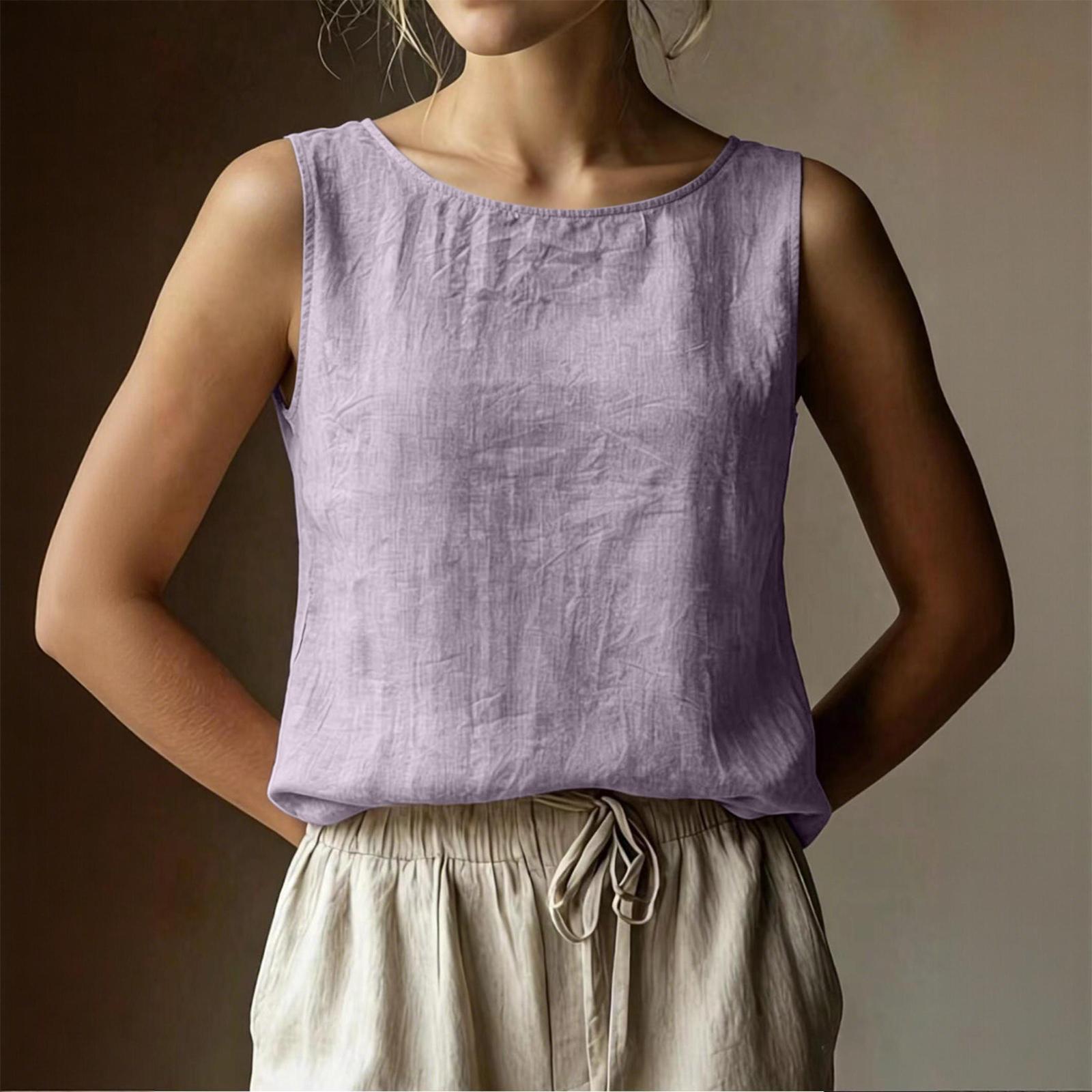 Women Sleeveless Tank Top Loose Fit Casual Round Neck Cotton Linen Blouse Summer Lightweight Breathable Sleeveless Shirt S
