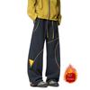 51 Hip-Hop American Functional Style Color-Block Straight-Leg Casual Sports Pants for Men, Winter Fleece-Lined Thickened Wide-Leg Outdoor Pants