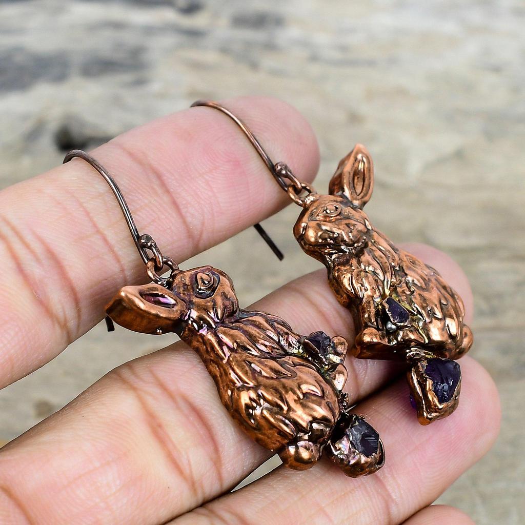 African Amethyst Rough Earring Electroformed Copper Earrings Gemstone Jewelry Rabbit Design Earring Handmade Copper Jewelry Gifts for Mother