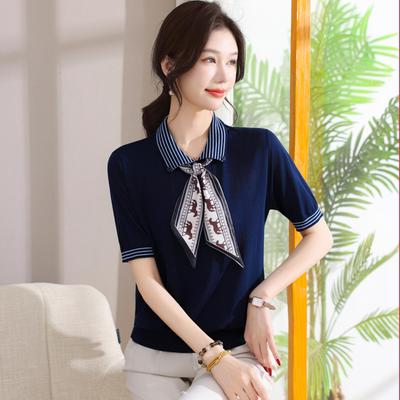 Mom's Stylish Summer Knit Top: Short Sleeve Silk Scarf Lapel - 2026 New Style for Middle-Aged Women