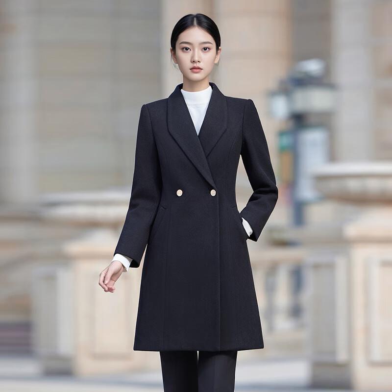 Women's Black Mid-length Padded Wool Blend Winter Coat