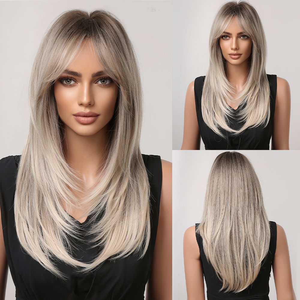 HAIRCUBE Lange gerade blonde synthetische Perücken mit Pony für Frauen, tägliche Cosplay-Perücken, hitzebeständige Perücken mit natürlichem Haaransatz