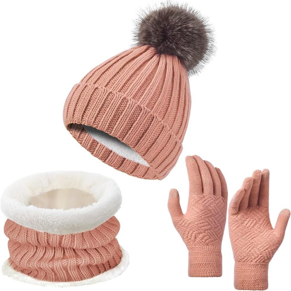 3Pcs/Set Thicken Winter Hat Scarf Gloves Set Plush Lining Touchscreen Gloves for Men Women
