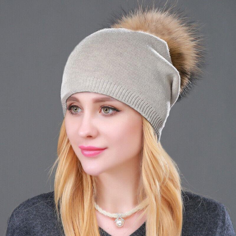 Women Winter Warm Cashmere Wool Knitted Real Fur Pom Pom Ball Beanie Hat