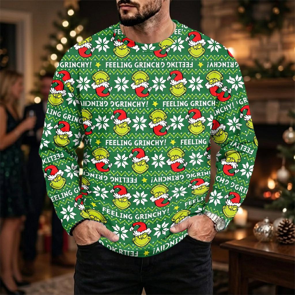 Men's Casual Loose Fit Long Sleeve Neck Tee with Christmas Print for Fall Winter
