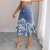 Women's Denim Mermaid Skirt with Colorful Print Hem Frayed Asymmetrical Bottom