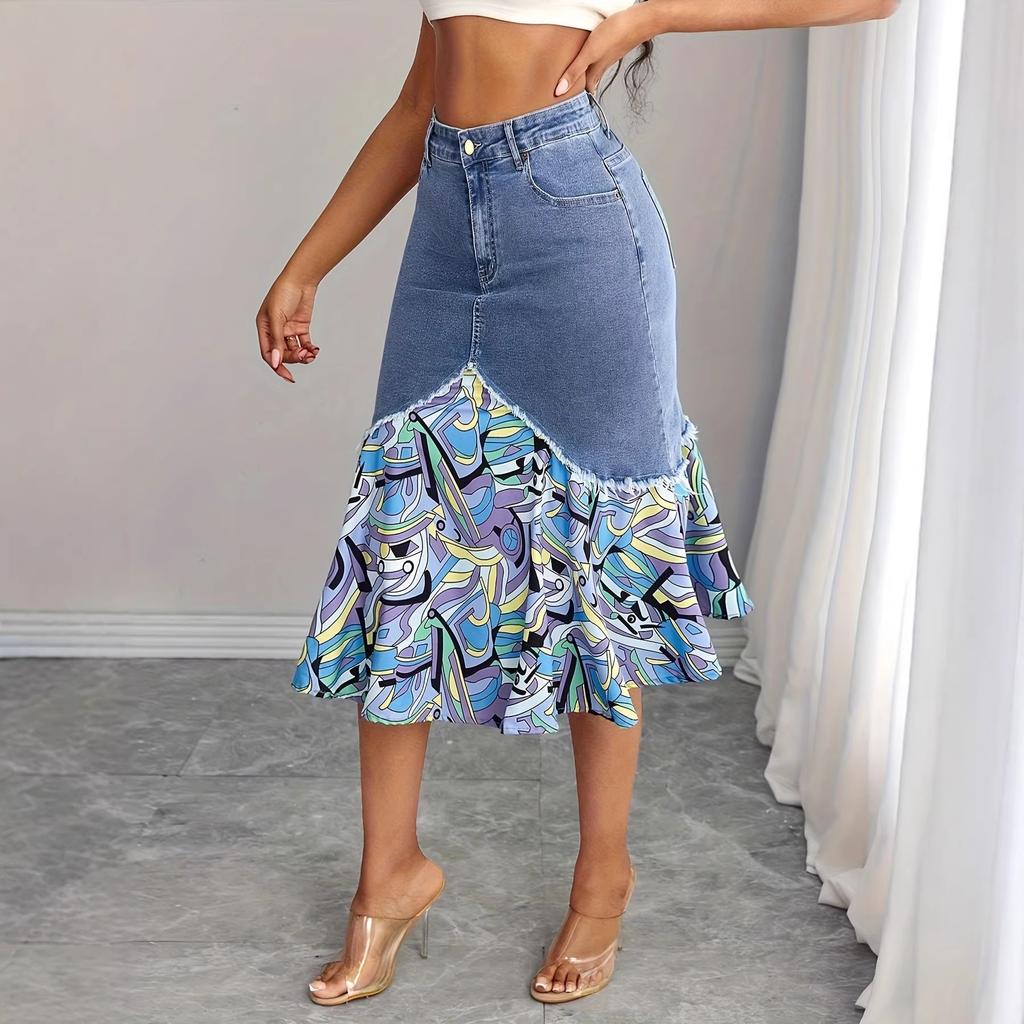 Women's Denim Mermaid Skirt with Colorful Print Hem Frayed Asymmetrical Bottom