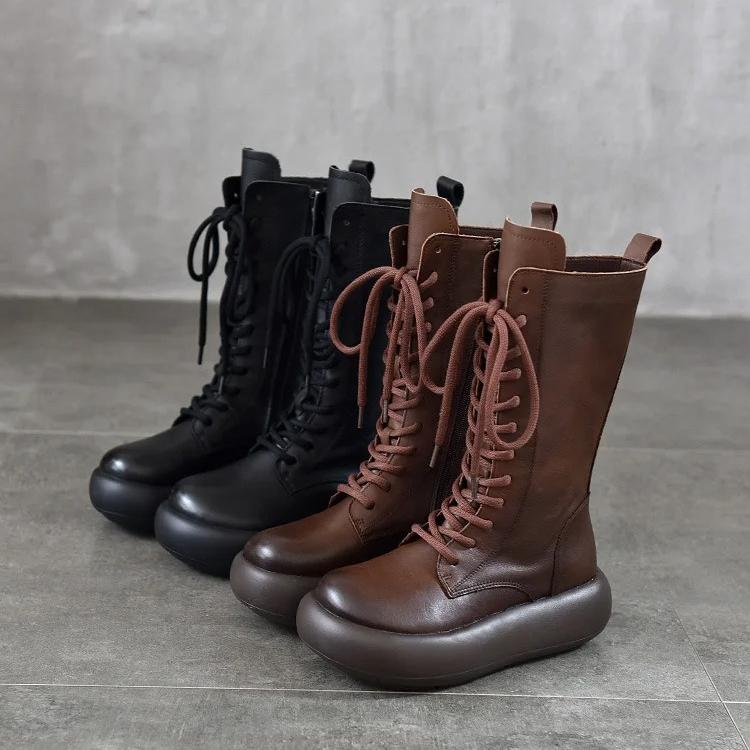 Johnature Genuine Leather Round Toe Thick Soled Mid-calf Boots Retro Lace Up Side Zipper Versatile Women's Boots