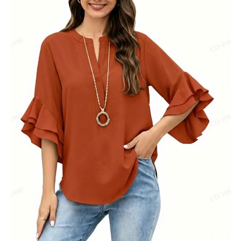 Fashion V-neck Loose Women Blouse Casual Plus Size Ruffled Seven Quarter Sleeve Shirt Spring Autumn Solid Color Sweet Simple Sweet Women's Clothing