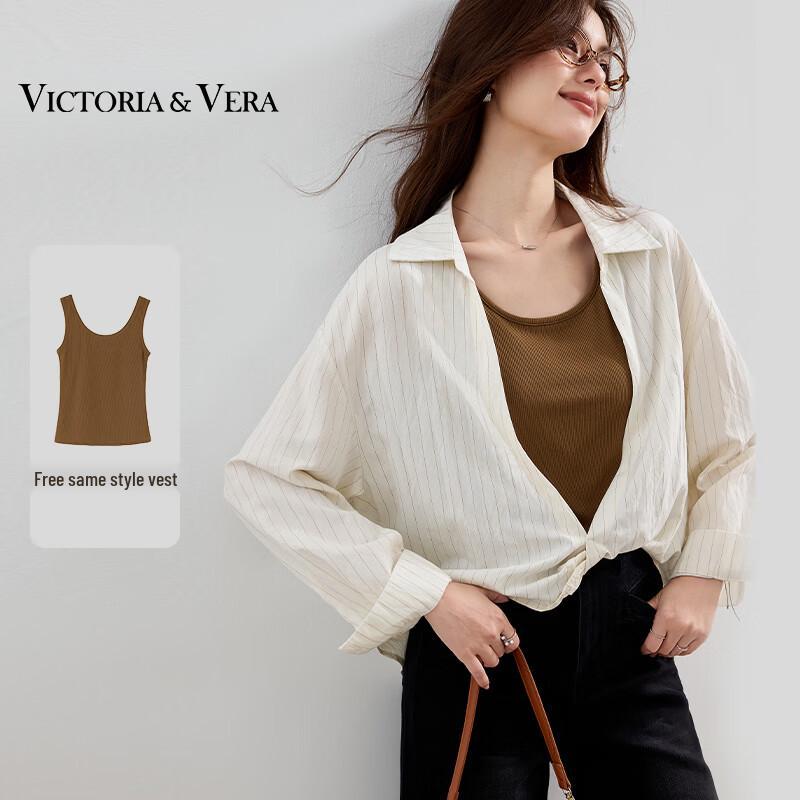 

VICTORIA&VERA Women s Striped Long-Sleeve Shirt Two-Piece Set XL