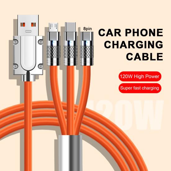

Зарядный кабель «три в одном» TPE Soft Charger Автомобильный интерфейс для мобильного телефона Линия Type-C/Micro Fast 120 Вт Зарядка данных оранжевый