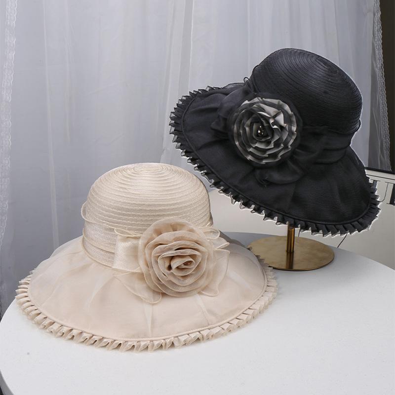 British Style Mesh Gauze Hat Spring and Summer New Women's Sunscreen Big Eaves Flower Lace Sunshade Fashionable and Elegant Top Hat