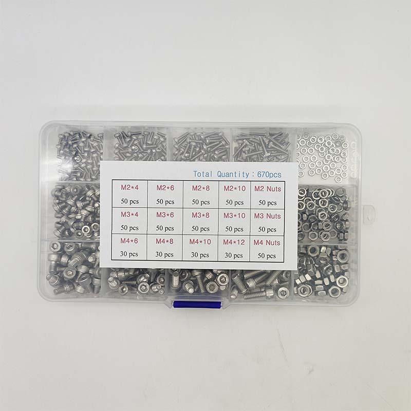 670-Piece 304 Stainless Steel Hex Socket Screw & Nut Set with Cylindrical Head, M2/M3/M4 Sizes