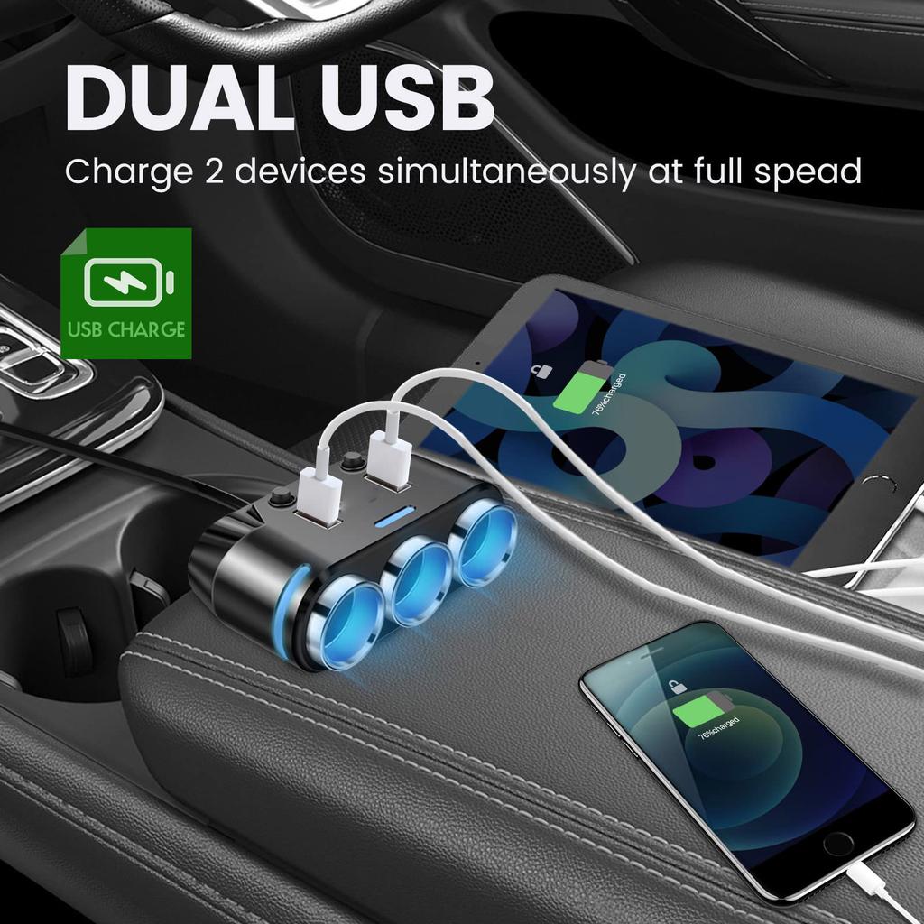 Car Charger With Three-in-one Lighter, High-power Mobile Phone Fast Charger, And One-in-two Car Charger Adapter