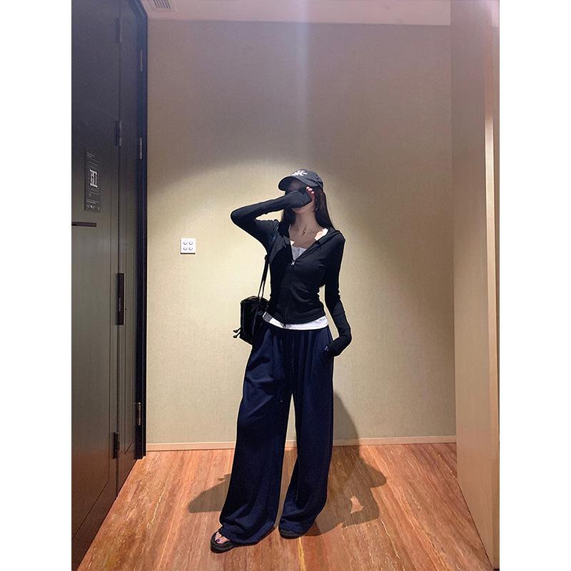 Korean Sweet & Spicy Women's Dark Blue Hooded Sweatshirt Jacket - Slim Fit, Double Zipper, Long Sleeve, Autumn Arrival