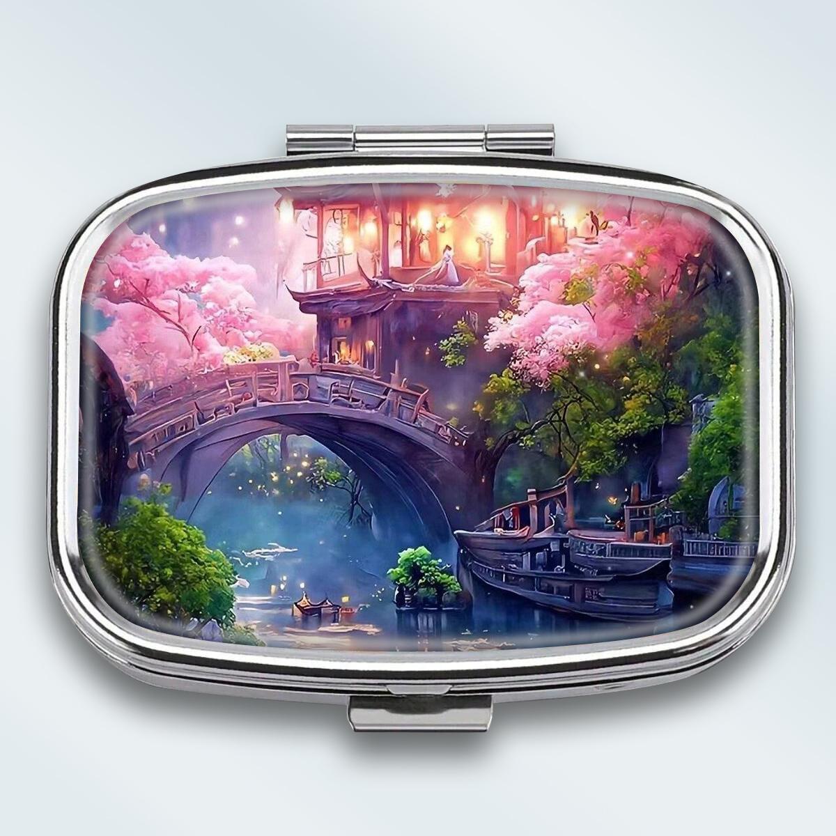 

Portable Pill Box with 2 Compartments, Mini Metal Medicine Organizer Case, Cute Printed Pill Container for Vitamins, Pills, Jewelry, Travel, Daily Use
