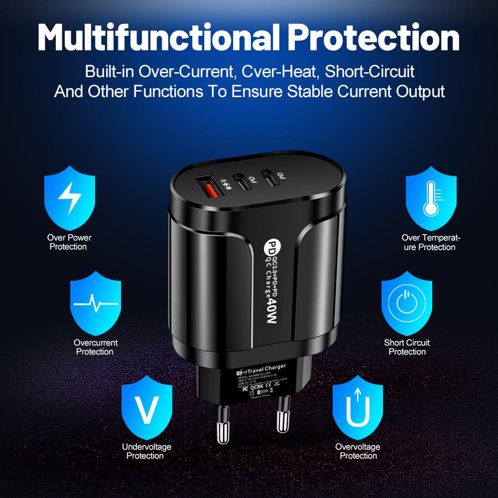 LED Travel Charger 2.4A USB + 2PD Type-C, EU/US Spec with Indicator Lights