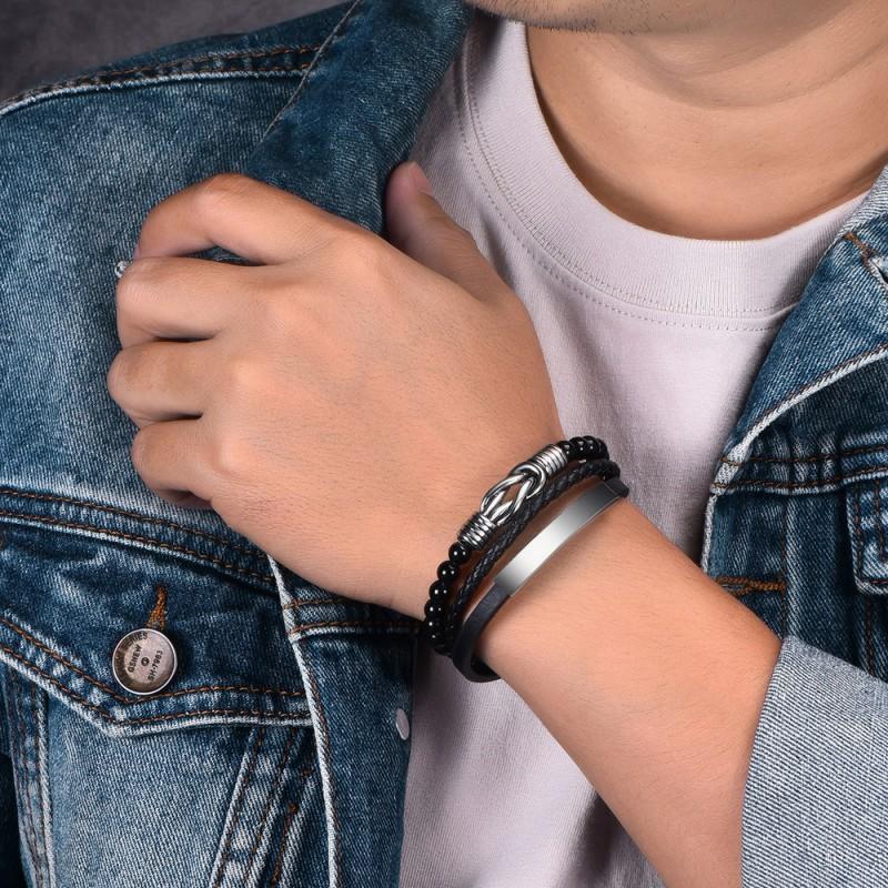 Stainless Steel Infinity Symbol Layered Bracelet Men Women Geometric Handmade Beaded Multi-Strand Wristband