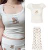 "Girls' Pure Desire Bear Print Suspender Pajama Set with Chest Pad - Summer Slim Fit Vest and Shorts"