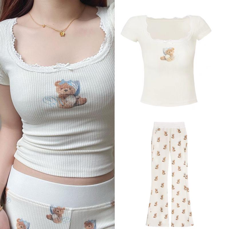 "Girls' Pure Desire Bear Print Suspender Pajama Set with Chest Pad - Summer Slim Fit Vest and Shorts"