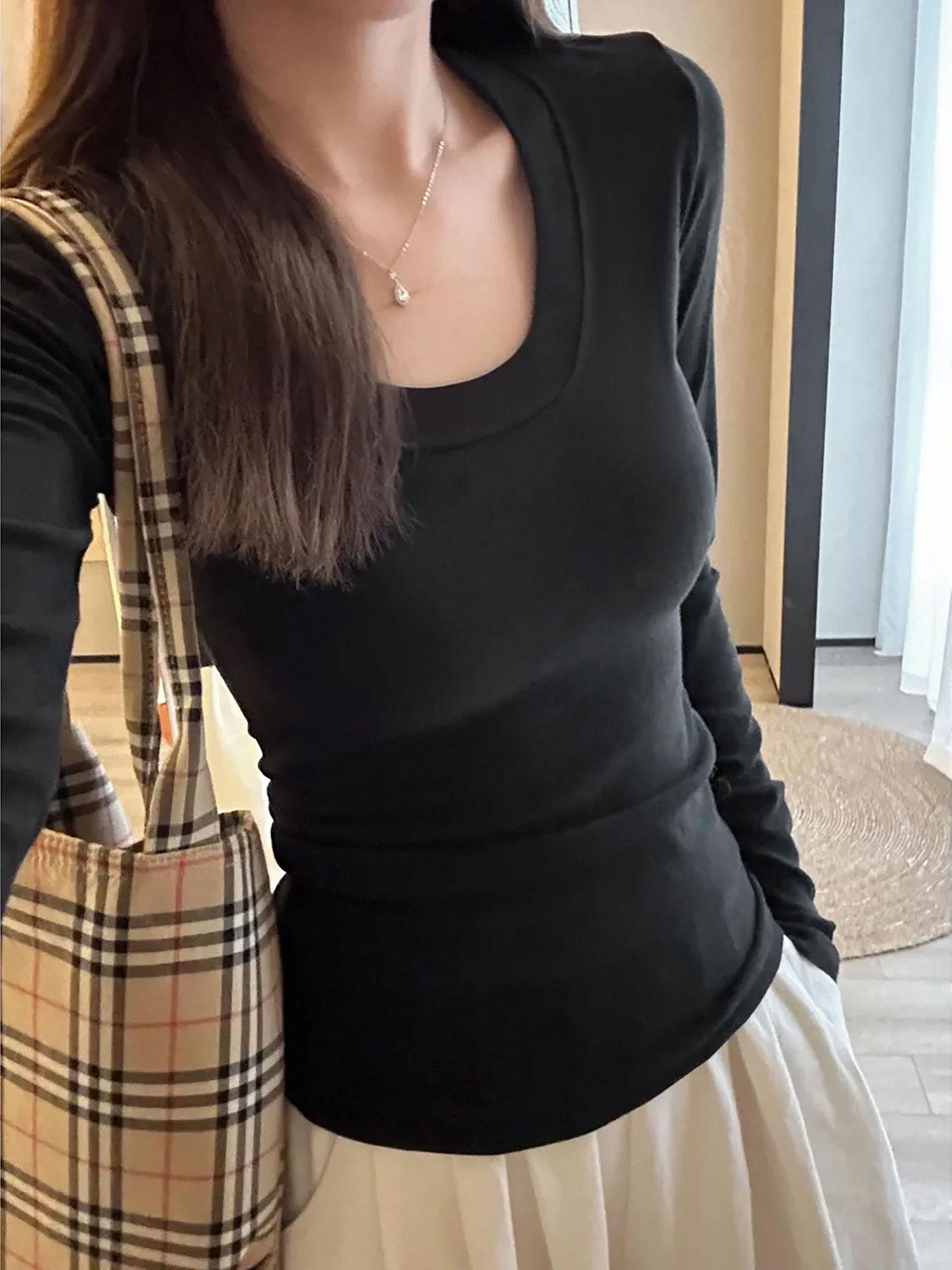 

Spicy Girl Slim-Fit U-Neck Base Layer Top, Women s Spring Slimming Solid Color Long Sleeve T-Shirt Large
