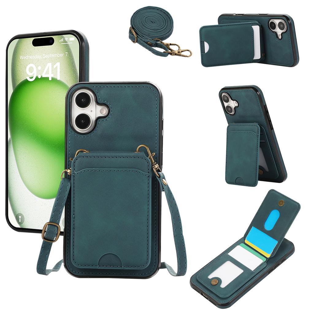 For iPhone 16 Case Card Holder Kickstand Leather+TPU Phone Cover with Shoulder Strap