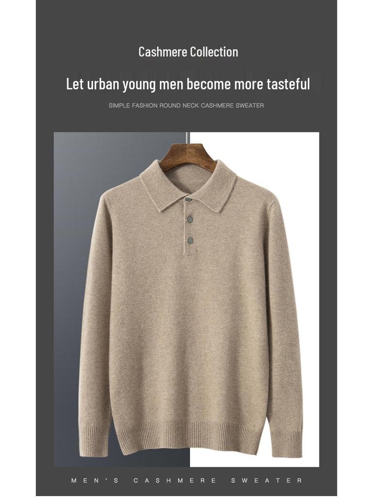 Men's Wool Cashmere Sweater - Long Sleeve Turn-Down Polo Collar Pullover for Autumn/Winter