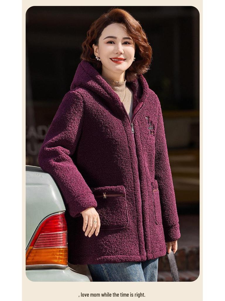 Hooded Fleece-Lined Cotton Jacket for Middle-aged & Elderly Women - Stylish Winter Collection
