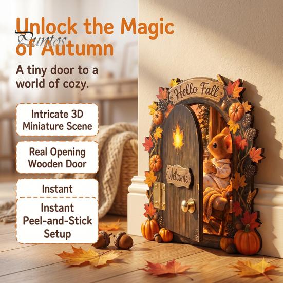 Decorative Baseboard Elf Door Wooden Halloween Decor, 2D Fairy Mouse Miniature Wall Autumn Theme Tale Ornaments Hanging, Rustic Shelf Ornament
