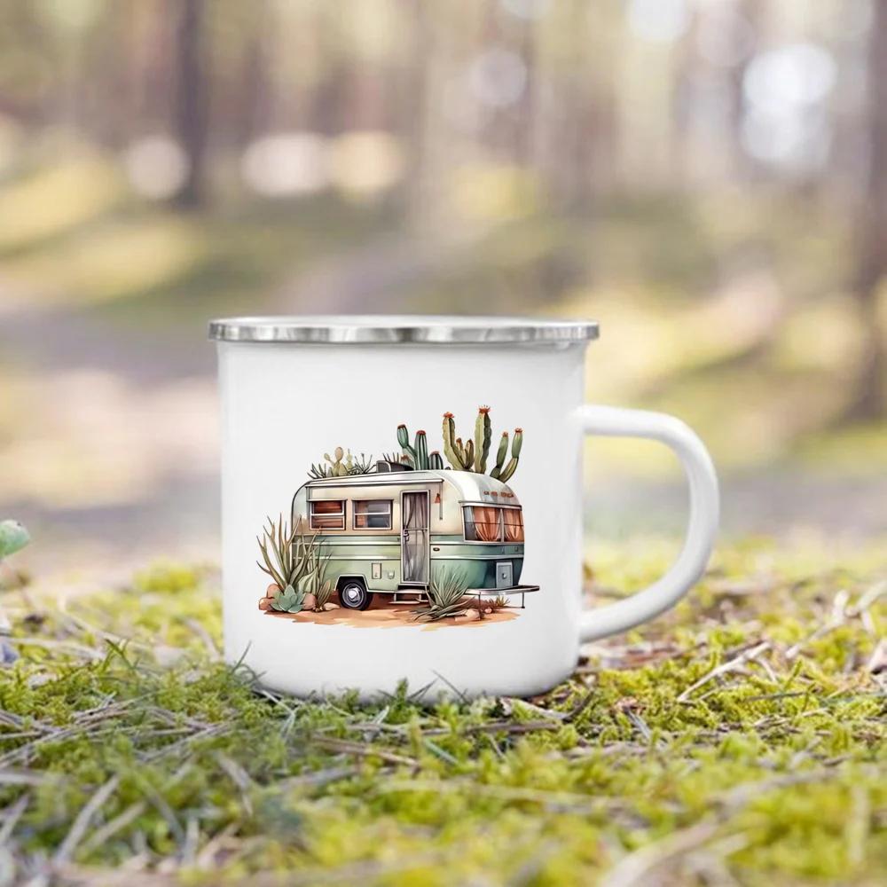 Adventure Day Caravan Printed Camper Mugs Camping Enamel Mug Campfire Party Beer Juice Cup Mountain Handle Cups Gifts for Camper