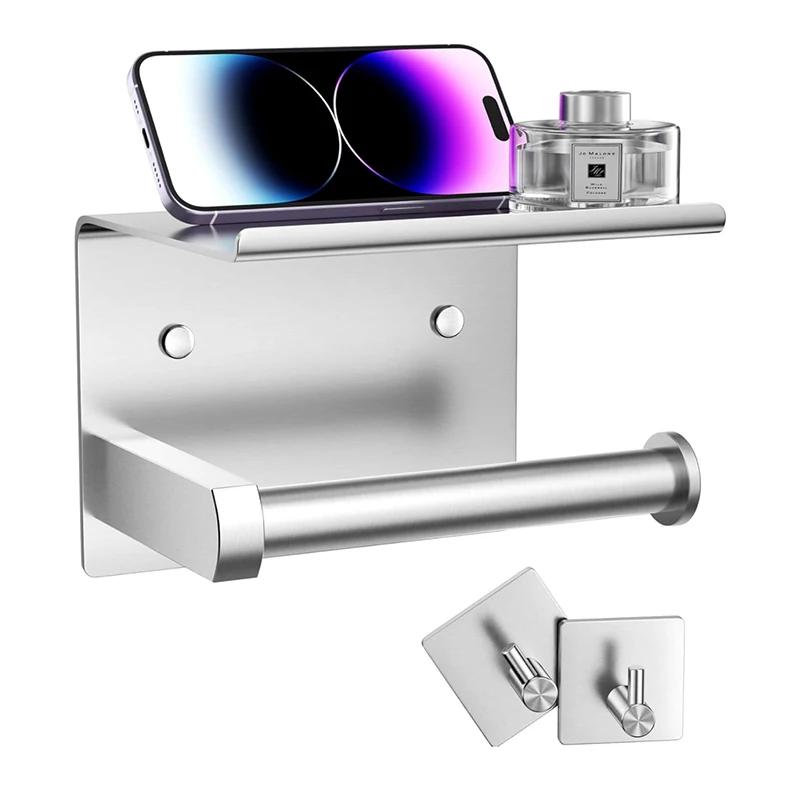 304 Stainless Steel Toilet Paper Holder Equipped with 2 Towel Hooks, Excellent Anti-corrosion and Anti Rust Performance Shelf
