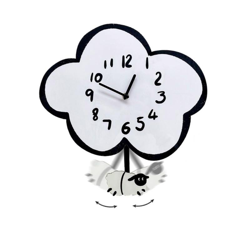 Mute Wall Hanging Clock with Quiet Movement and Swing Sheep Pendulum Cartoon Cloud Shape for Children Bedroom Decors