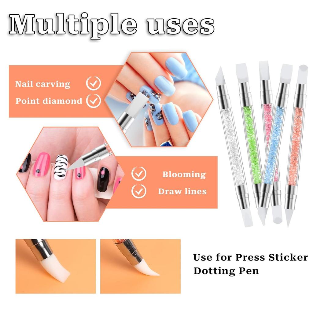 5Pcs/Set Sculpture Dotting Pen Nail Art Silicone Brush Colorful Crystal Dual-head Carving Flower Painting Pen DIY Manicure Tools