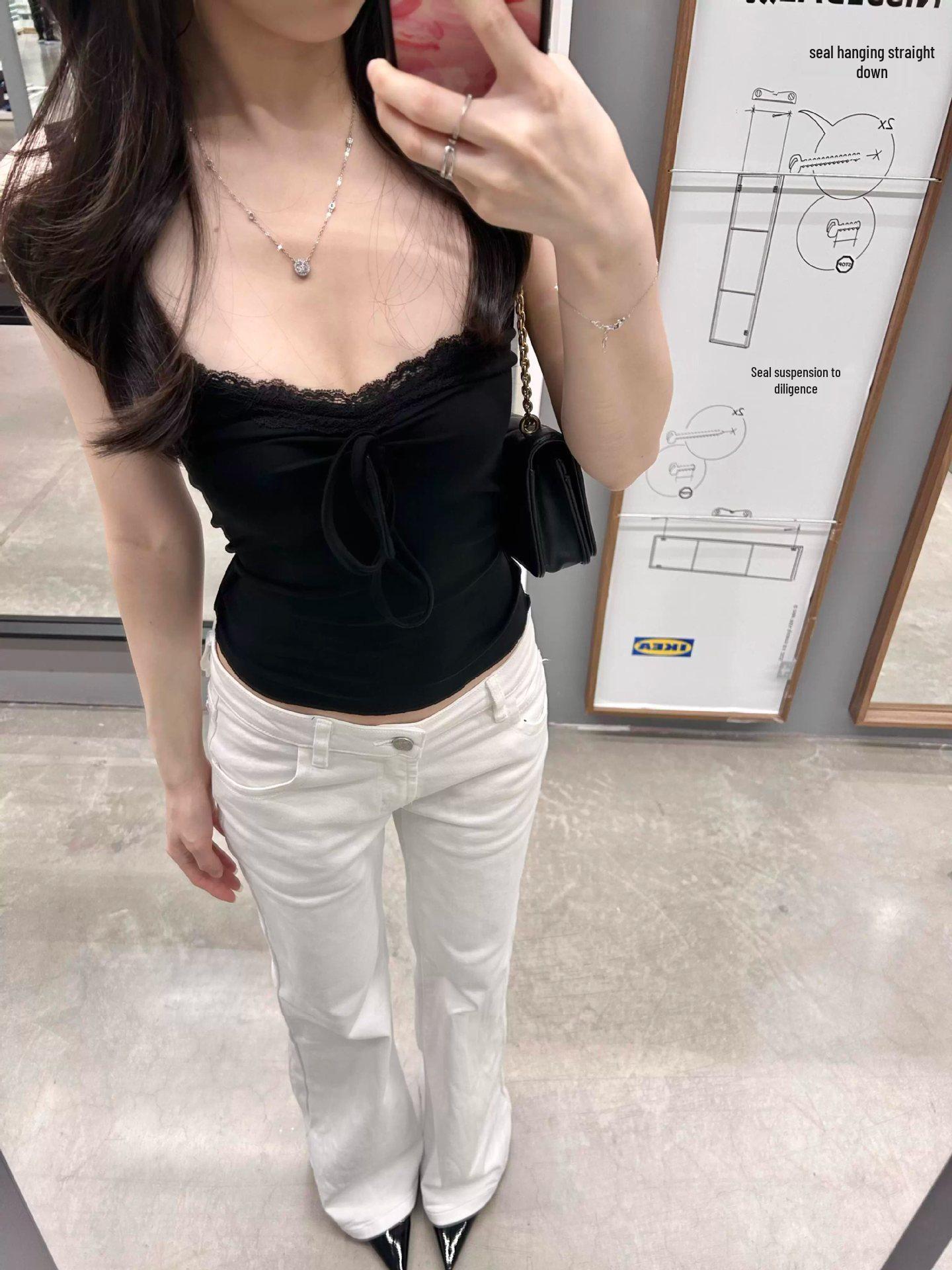 

Американская кружевная майка в стиле сладко-острого: Приталенный женский кроп-топ, подчеркивающий фигуру, для универсального летнего стиля 2XL, 130-145 lbs чёрный