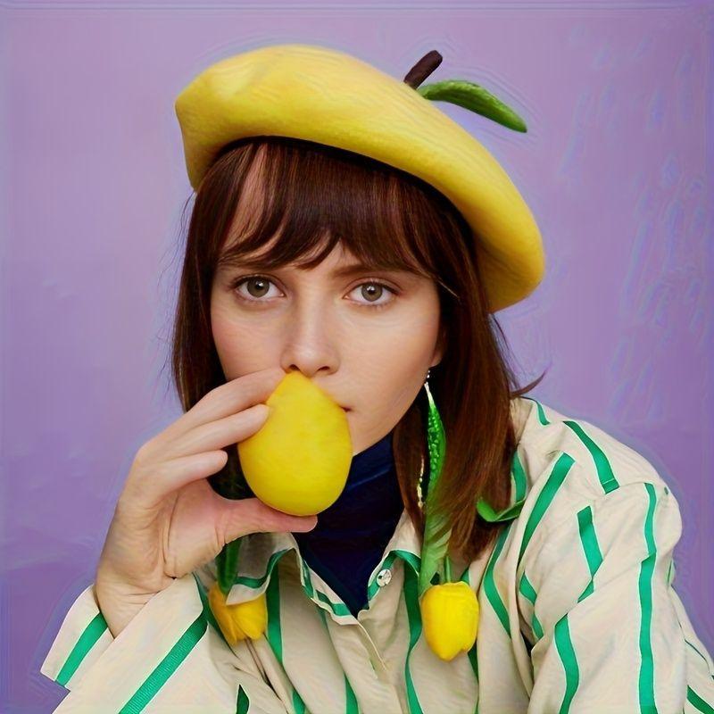 Women's Hat Painter Hat Cute Little Leaf Beret Hat Fruit Apple Orange Beret Spring and Summer Breathable