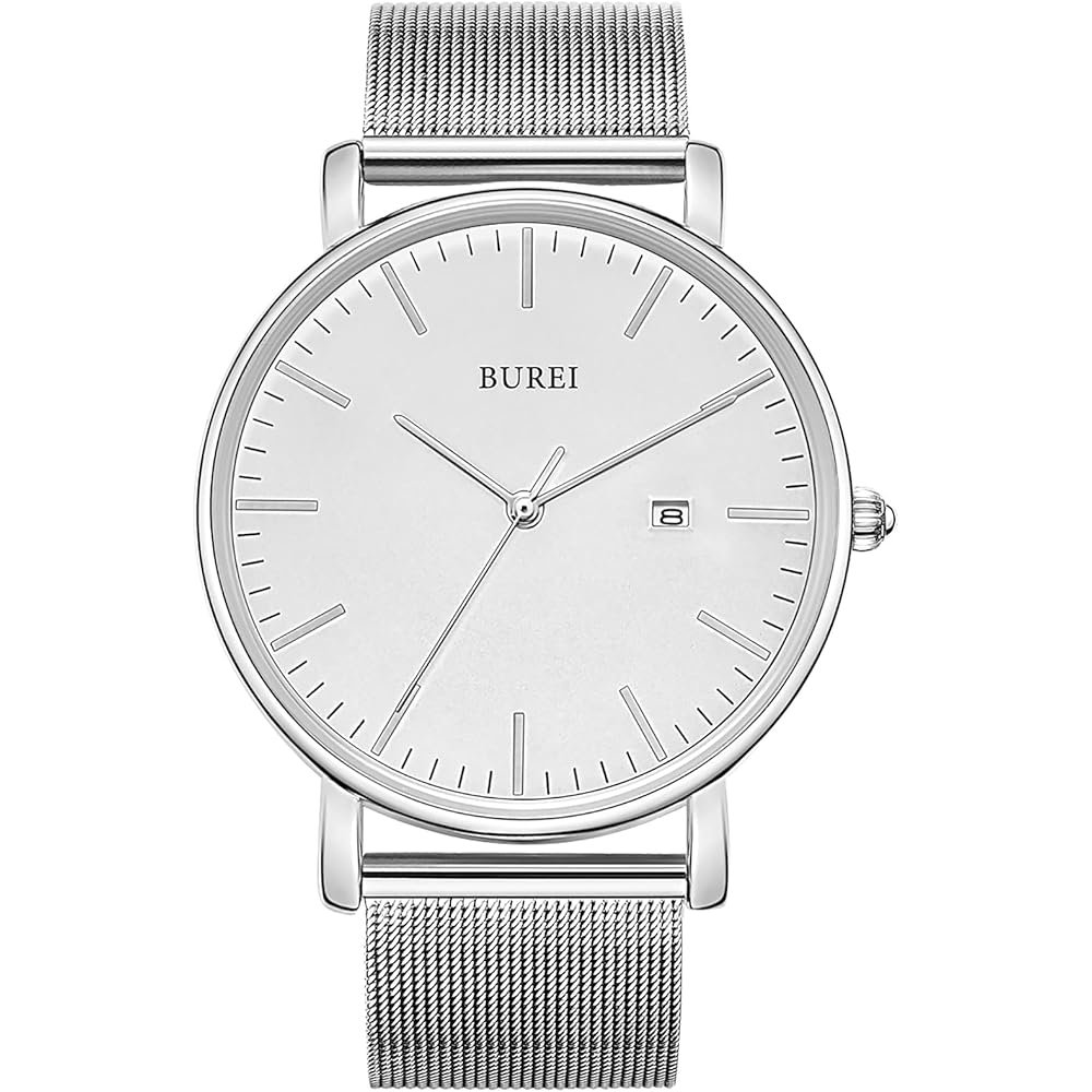 BUREI Men s Analog Watch Silver Waterproof Simple Business Milanese Mesh Band