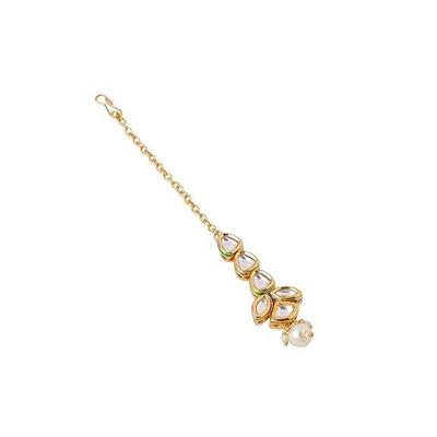 Maangtikka für Damen Goldfarben mit Kundan besetzt Floral gestaltet Tropfen mit weißen Perlen Maangtikka für Damen und Mädchen
