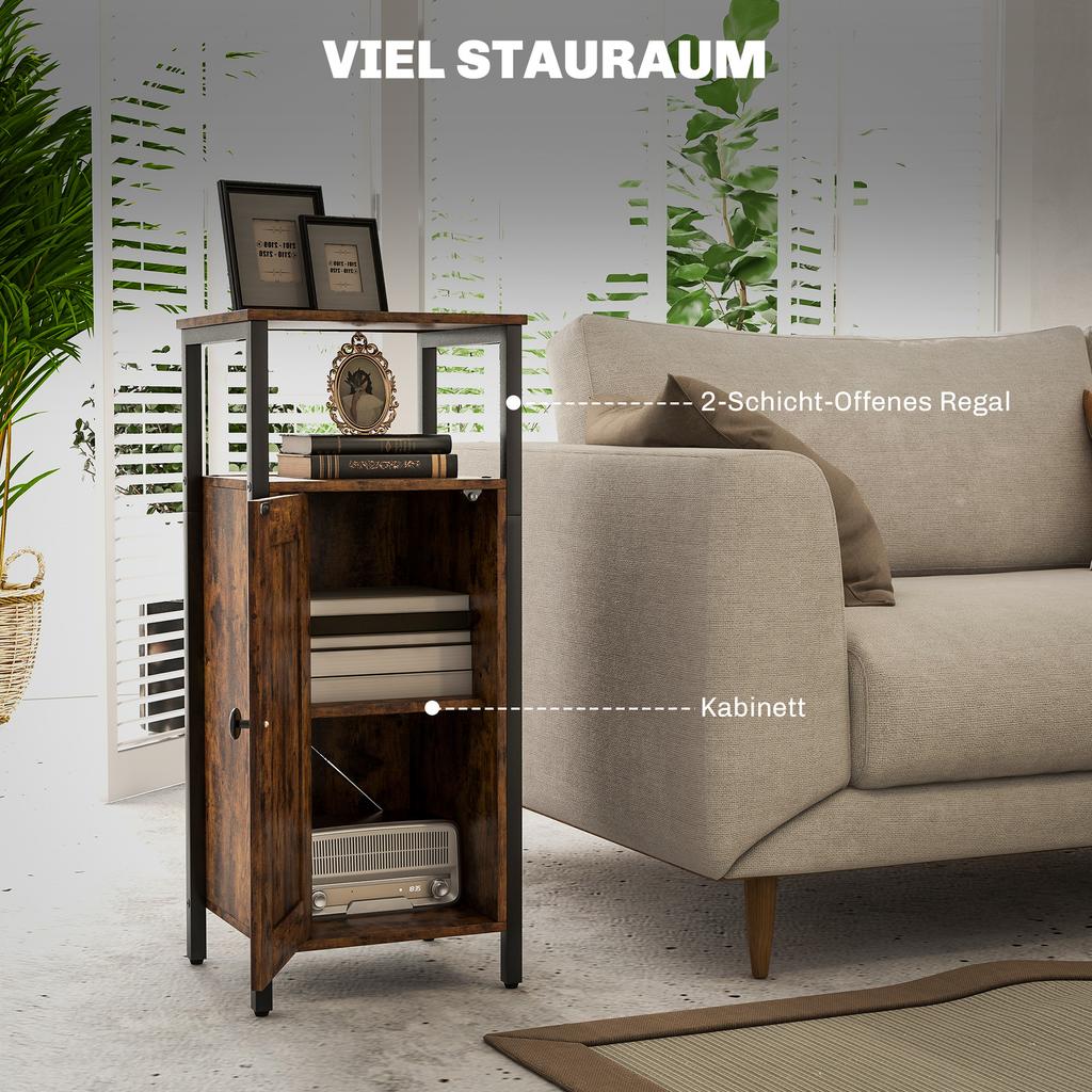 Side Table with Storage, 2 Open Shelves, 3-Level Adjustable, Magnetic Door, Brown