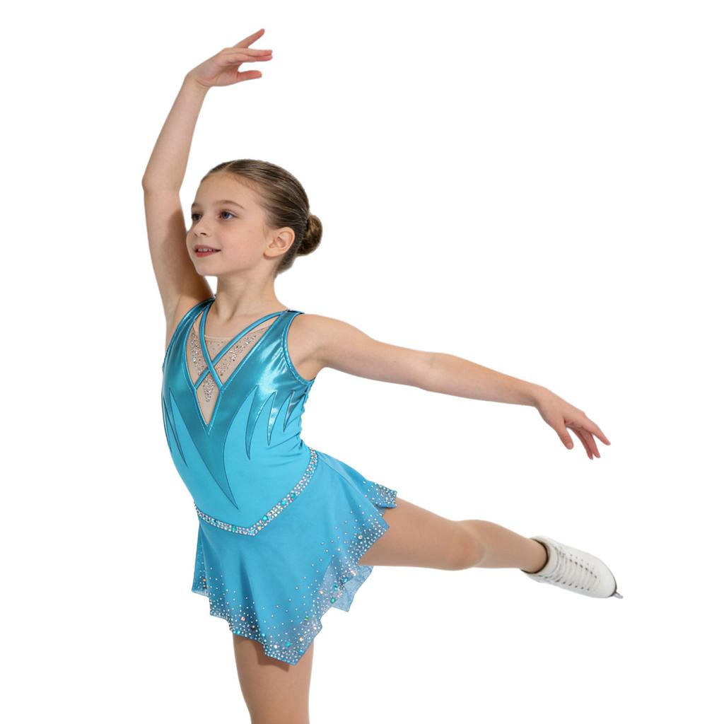 Girls Gymnastics Figure Skating Dress: Sleeveless Cross Front Mesh Patchwork Sparkling Rhinestone Color Block with Built-in Briefs