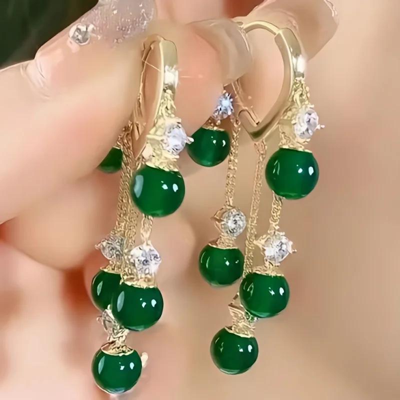 

Luxury Green Emerald Opal Long Tassel Drop Dangle Earrings for Women Charm Crystal Hoop Earring Wedding Bride Jewelry Accessory