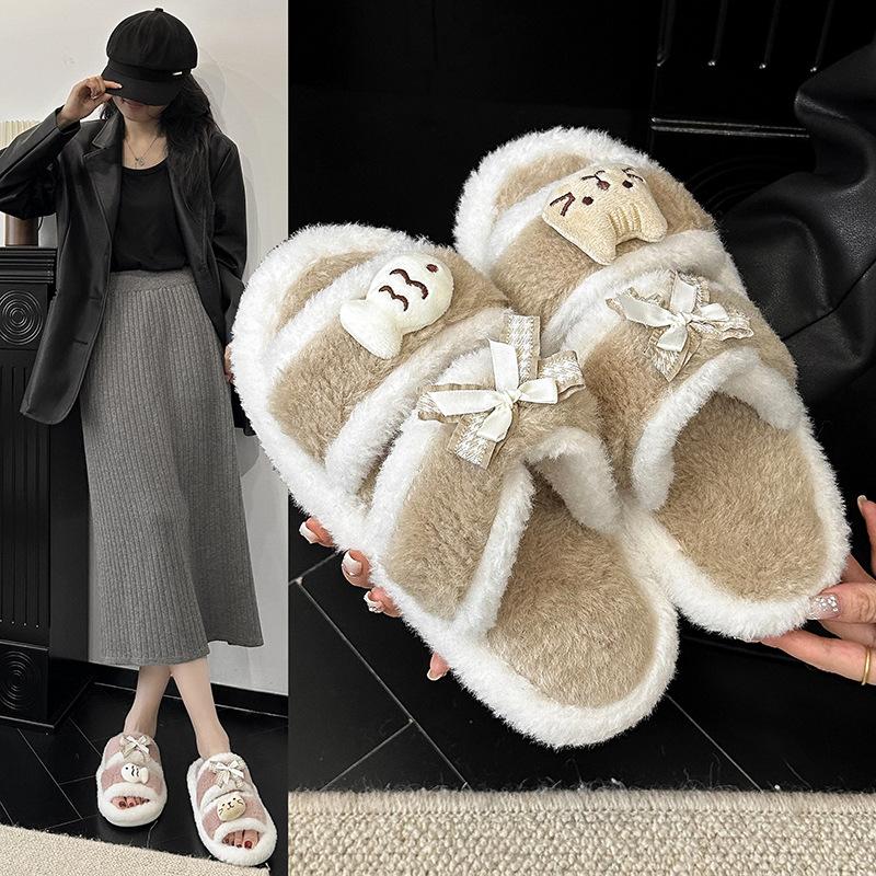 Cute kitten fish thick-soled fluffy slippers girl 2025 autumn fashion outer wear thick-soled bow cotton slippers woman