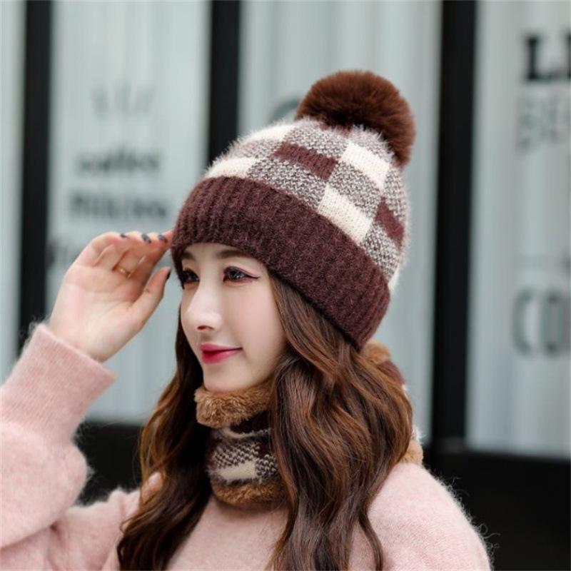 Hat Women's Autumn and Winter Plaid Scarf Hat Two-piece Set Fashion Versatile New Trendy Women's Knitted Hat Wool Hat