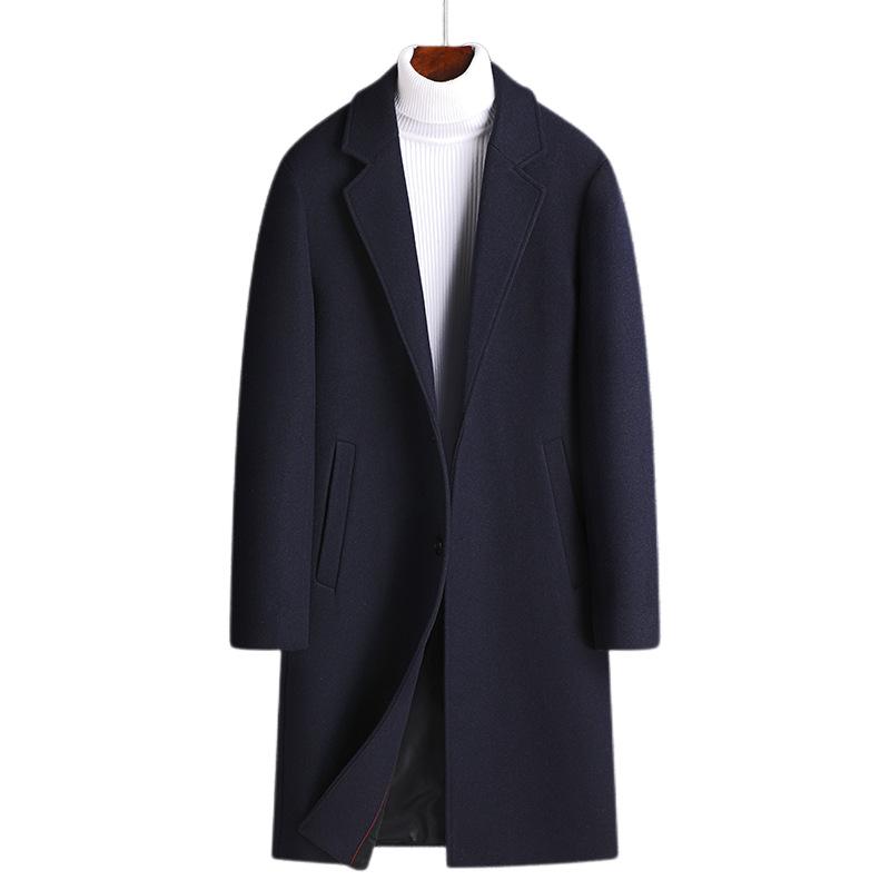 

Осень и зима Новое мужское шерстяное пальто средней и длинной длины с воротником из хлопка, утолщенное корейское шерстяное пальто мужское пальто 170 темно-синий