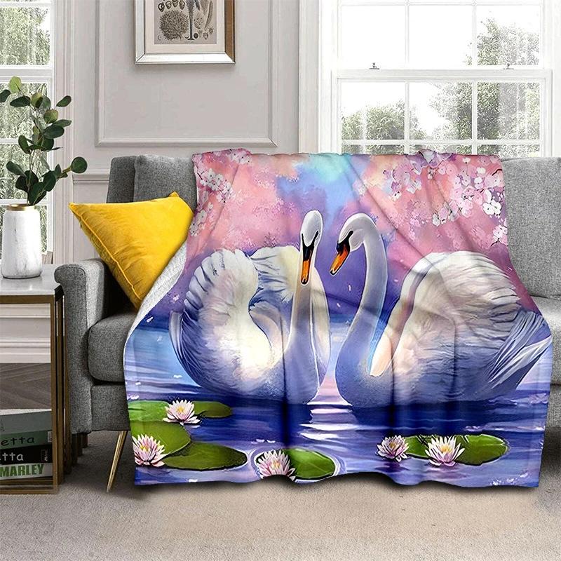 Romantic Swan Themed Blanket Couple Soft Flannel Blanket Holiday Gifts Air Travel Blanket