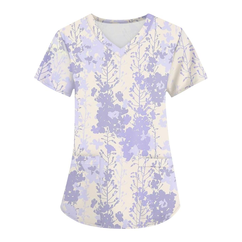 T-shirt de travail à manches courtes et col en V pour femme avec imprimé tendance et petite poche