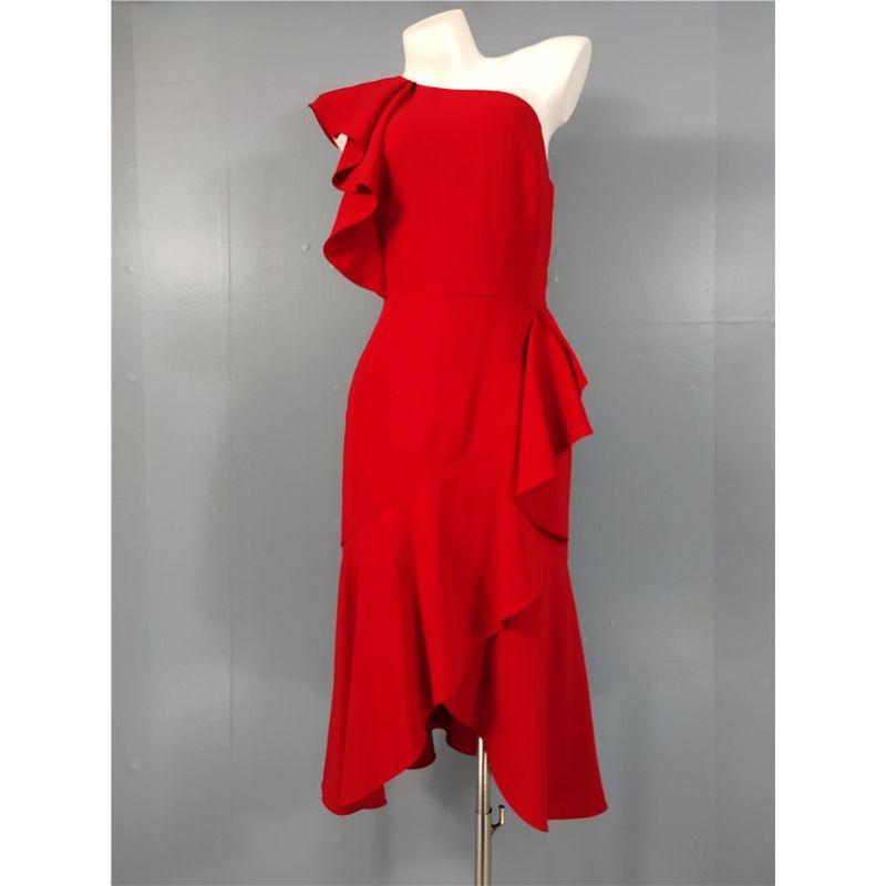 

Export Single an Home Stylish French Stereo Ruffles Diagonal Collar Sneaky Design Elegant Party Irregular Dress Red S(4)
