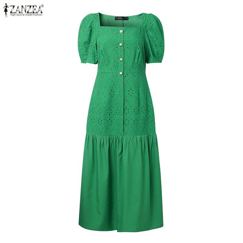 ZANZEA Women Square Collar Summer Casual Short Sleeve Crochet Dress