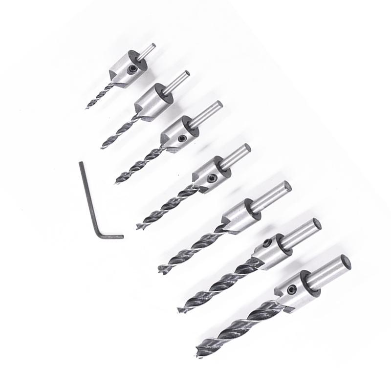 7-Piece Adjustable Three-Point Woodworking Countersink Drill Set - High-Speed Steel for Precision Chamfering and Hole Drilling