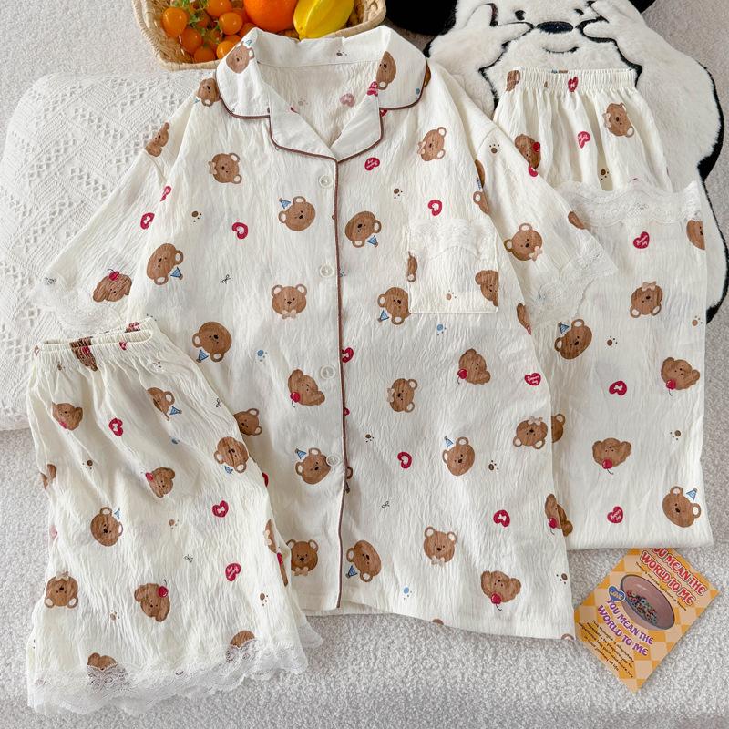 Cartoon Japanese Bear High Value Cute Cloud Cotton Lace Edge Pajamas Women'S Summer Short Sleeve Three-Piece Set